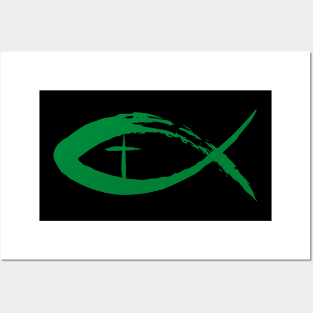 Painted Cross and Fish Christian Design - Green Posters and Art